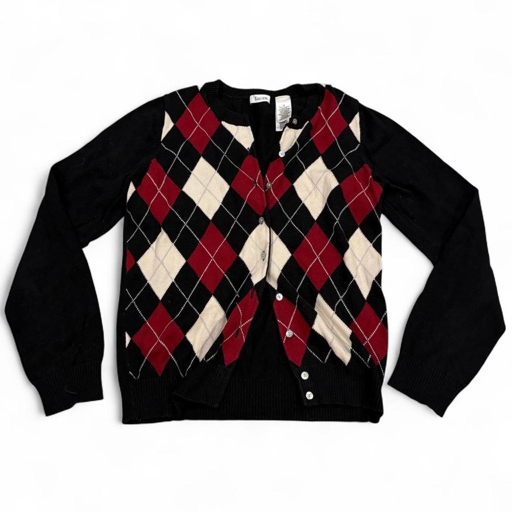 liz & co. Black Cardigan with Red and Cream Argyle